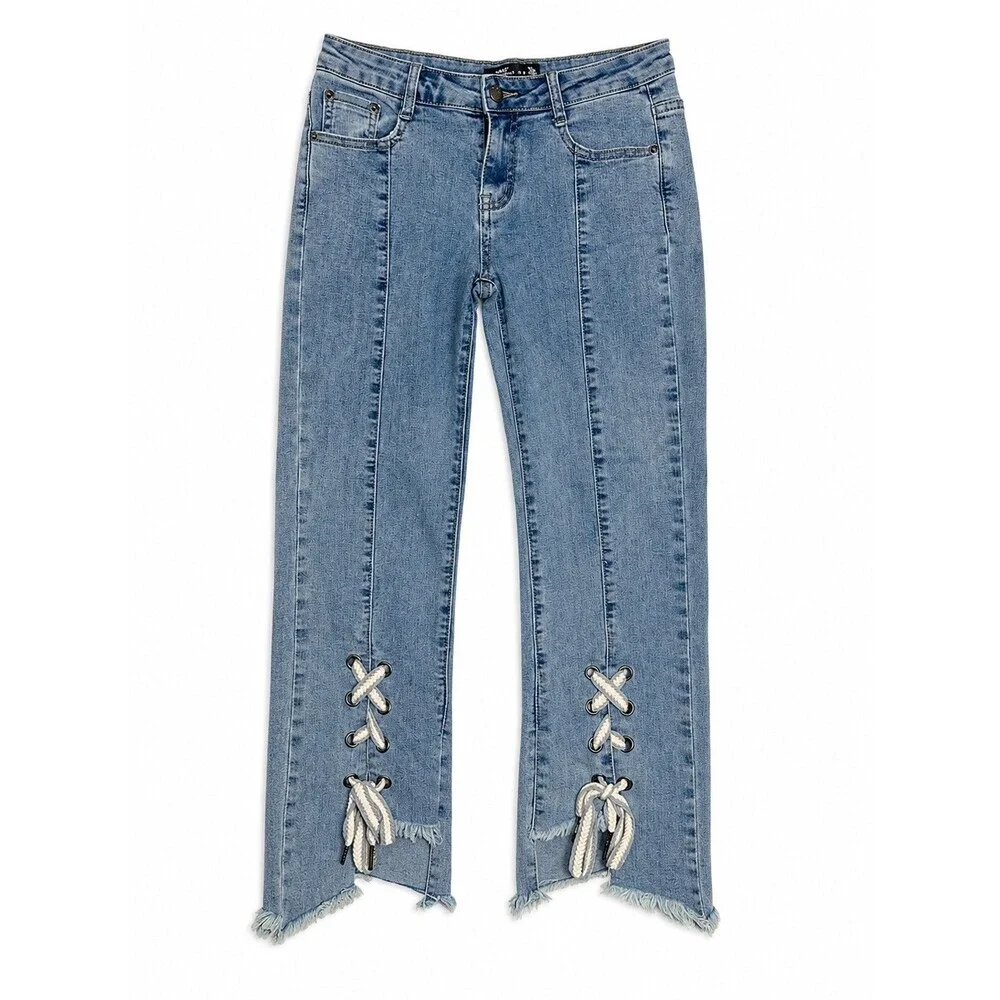 AZI New York Lace Up Hem Jean Women Size 2 Light Wash Denim Raw Edge Pintuck